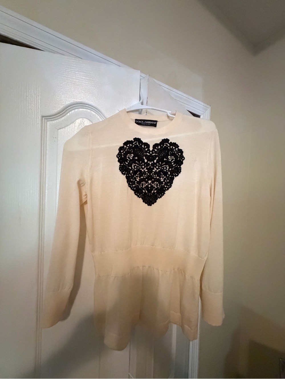 Dolce & Gabbana Cream Long-Sleeve Top with Black Lace Heart Appliqué